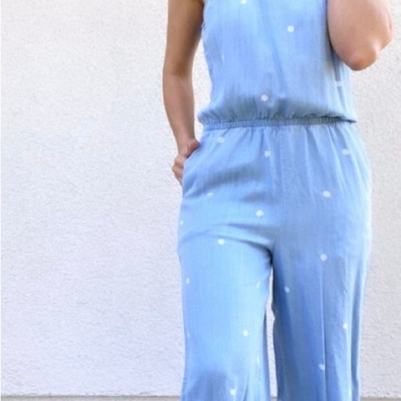 Anthropologie Cloth & Stone Chambray Polka Dot Jumpsuit Cropped Wide Leg - Picture 3 of 9
